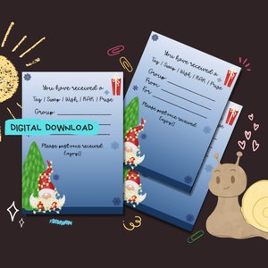 Puede incluir: Tarjetas de intercambio de regalos de Navidad imprimibles con un gnomo con luces sobre un fondo azul. Las tarjetas incluyen el texto "You have received a Tag / Swap / Wish / RAK / Prize" y "Please post once received. Enjoy!!"