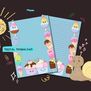 Kawaii Ices - Descarga digital en PDF - Papel para escribir cartas a amigos por correspondencia - Hojas de papel para imprimir al instante - Incluye hojas rayadas y sin rayar