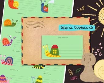 May include: Printable snail mail labels with a green background and colorful snail illustrations. The labels have the text "Please Deliver To:" and a line for writing an address. The labels are part of a digital download.