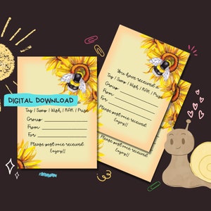 May include: Digital download of sunflower gift tags. Each tag features a watercolour illustration of a sunflower and a bumblebee. The tags include fill-in-the-blank sections for recipient, sender, and group information. Text on the tag reads "You have received a Tag / Swap / Wish / RAK / Prize."