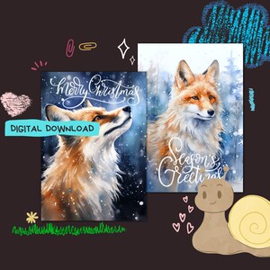 May include: Two digital download cards featuring watercolour illustrations of foxes in a snowy woodland setting. The first card says "Merry Christmas" and the second card says "Season's Greetings".