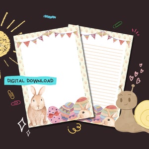 Conejito de Pascua - Descarga digital PDF - Papel para escribir cartas de Penpal - Hojas de papel de notas imprimibles al instante - Forrado y sin forro incluido