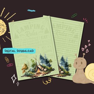 May include: Two-page digital download featuring a camping theme. The left page has "Camping Rules" text and a watercolor illustration of a campfire and tent. The right page is lined. The words "Digital Download" are in a blue rectangle.
