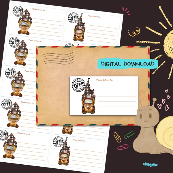 Coffee Gnomes - PDF digital download - Print at home please deliver to address stickers - Lined and Unlined labels- 99 mm x 57 mm sized