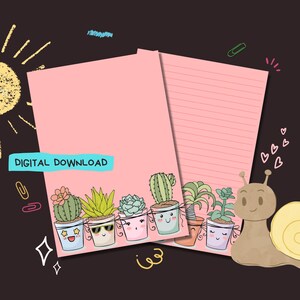 Happy Plants - Descarga digital en PDF - Papel para escribir cartas por correspondencia - Hojas de papel para imprimir al instante - Forrado y sin forro incluido