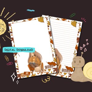 May include: Printable digital download of two fall-themed stationery sheets. One sheet features a girl sitting in a chair with a book and a pumpkin. The other sheet has a lined background with a snail illustration. Both sheets have a fall leaf border and the word "Fall" written in brown letters.