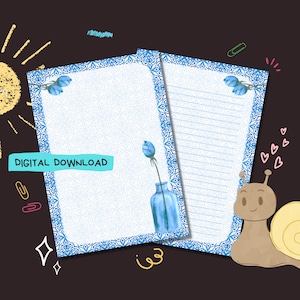 Blue Vase - Descarga digital PDF - Papel para escribir cartas de penpal - Hojas de papel de notas imprimibles al instante - Forrado y sin forro incluido