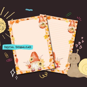 Gnomos de otoño - Descarga digital PDF - Papel para escribir cartas de penpal - Hojas de papel de notas imprimibles al instante - Forrado y sin forro incluido