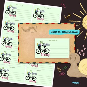 Olá primavera Bike - download digital em PDF - Imprima em casa, entregue no endereço adesivos - Etiquetas forradas e sem forro - tamanho 99 mm x 57 mm