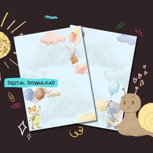 Animales con globos - Descarga digital PDF - Papel para escribir cartas de amigos por correspondencia - Hojas de papel de notas imprimibles al instante - Forradas y sin forrar incluidas