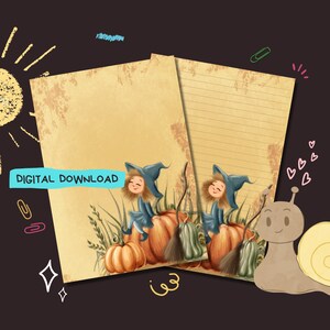 May include: Printable stationery featuring two illustrations of witches sitting on pumpkins with a broom and gourds. The background is a vintage-style parchment paper with lines for writing.