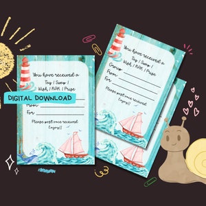Puede incluir: Descarga digital imprimible de una tarjeta con temática de faro y velero, para usar como etiqueta, intercambio, deseo o acto de amabilidad aleatorio. La tarjeta tiene un fondo de acuarela azul y verde con un faro, un velero y olas. El texto de la tarjeta dice "Has recibido una Etiqueta | Intercambio | Deseo | RAK | Premio. Por favor, publica una vez que la hayas recibido. ¡Disfruta!!"