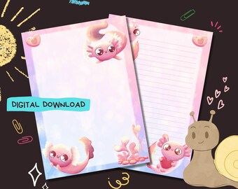 May include: Two pink and white printable stationery sheets with a cute cartoon axolotl on each sheet. The axolotl is pink with a light blue tail and has a happy expression. The sheets have a pink and white background with a light blue border. The sheets are decorated with hearts and a snail.