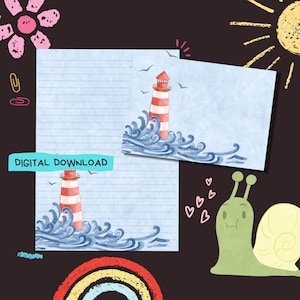 Lighthouse - PDF digital download - A5 writing sheet and matching envelope set - Instant downloadable printable patterned penpal supplies
