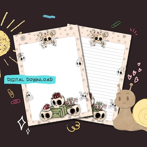 Papel para escribir a mano tamaño A5 con diseño de calaveras, PDF, descarga digital para imprimir al instante, hojas de papel para cartas tamaño A5 con y sin líneas