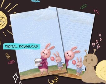 Pode incluir: Papel de linha imprimível com fundo azul e uma ilustração fofa de coelhos carregando livros e balões. O texto "DIGITAL DOWNLOAD" está no topo da página.