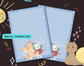 Pode incluir: Duas páginas imprimíveis com fundo azul e linhas brancas. A página superior apresenta uma raposa e um urso polar em pé em frente a uma pequena casa com uma árvore de Natal. A página inferior tem papel pautado para escrever. O texto "DIGITAL DOWNLOAD" está na página superior.