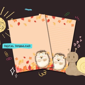 Autumn Hedgehog - Descarga digital PDF - Papel para escribir cartas Penpal - Hojas de papel de notas imprimibles instantáneamente - Forrado y sin forro incluido