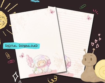 Pode incluir: Papelaria imprimível com um cordeiro de desenho animado fofo segurando um buquê de flores roxas, uma borboleta e um caracol com uma concha amarela. O papel tem linhas rosa e um fundo marrom claro.