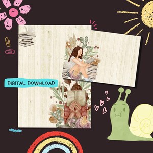 Puede incluir: Descarga digital con ilustraciones en acuarela de una persona leyendo libros, rodeada de elementos florales. La imagen incluye el texto "DESCARGA DIGITAL" en un rectángulo azul, con un fondo marrón oscuro y garabatos caprichosos.