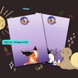 Halloween Cats- PDF digital download - Penpal letter writing paper - Instant printable notepaper sheets - Lined and unlined included