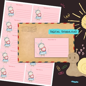 Bunny Love - digitale pdf-download - thuis afdrukken en op adres bezorgen stickers - gelinieerde en ongevoerde etiketten - formaat 99 x 57 mm