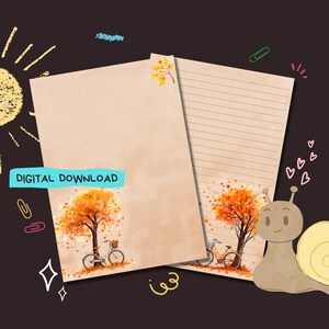 Bicicletas en otoño - Descarga digital PDF - Papel para escribir cartas por correspondencia - Hojas de papel de notas imprimibles al instante - Forrado y sin forro incluido