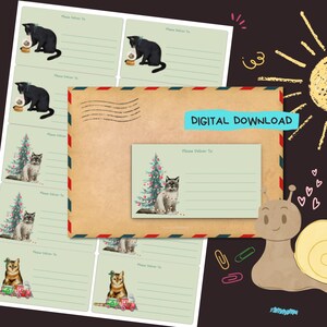 Download digital em PDF de gatos festivos, imprima em casa, entregue no endereço, adesivos, etiquetas pautadas e não pautadas, tamanho 99 mm x 57 mm