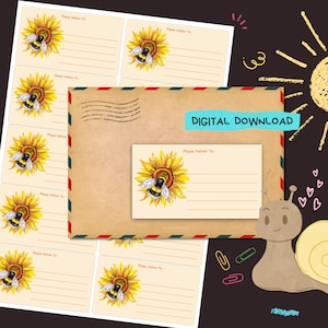 Sunflower Bee – digitale download pdf – thuis afdrukken en op adres bezorgen stickers – gelinieerde en ongevoerde etiketten – formaat 99 x 57 mm