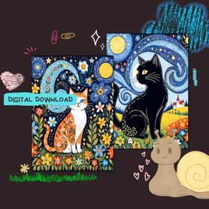Può includere: Due stampe d'arte digitale che raffigurano gatti in un paesaggio notturno stellato con fiori. La prima stampa presenta un gatto nero con occhi gialli e la seconda stampa presenta un gatto arancione e bianco. Entrambe le stampe hanno uno stile fantasioso e di arte popolare.