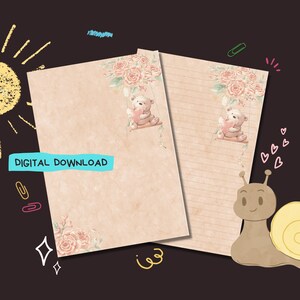 Heart Bear - Descarga digital PDF - Papel para escribir cartas de Penpal - Hojas de papel de notas imprimibles al instante - Forrado y sin forro incluido