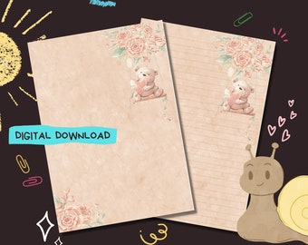 Pode incluir: Papelaria imprimível com fundo marrom claro, um design floral rosa e um urso de pelúcia em um balanço. O texto "DIGITAL DOWNLOAD" está no canto inferior esquerdo.