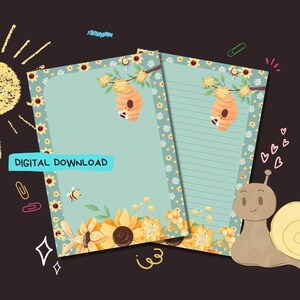 Flower Bee Green - Descarga digital PDF - Papel para escribir cartas Penpal - Hojas de papel de notas imprimibles al instante - Forrado y sin forro incluido