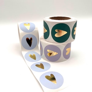 Herz Aufkleber mit Goldeffekt | Sticker für Karten und Geschenke | Etikett in Hellblau,Lila und Türkis | Trendige Frühlingsfarben