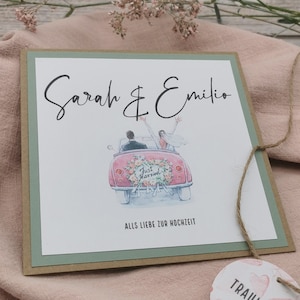 Glückwünsche zur Hochzeit | personalisierbare Klappkarte | Just married | handgemacht | Auto mit Brautpaar |