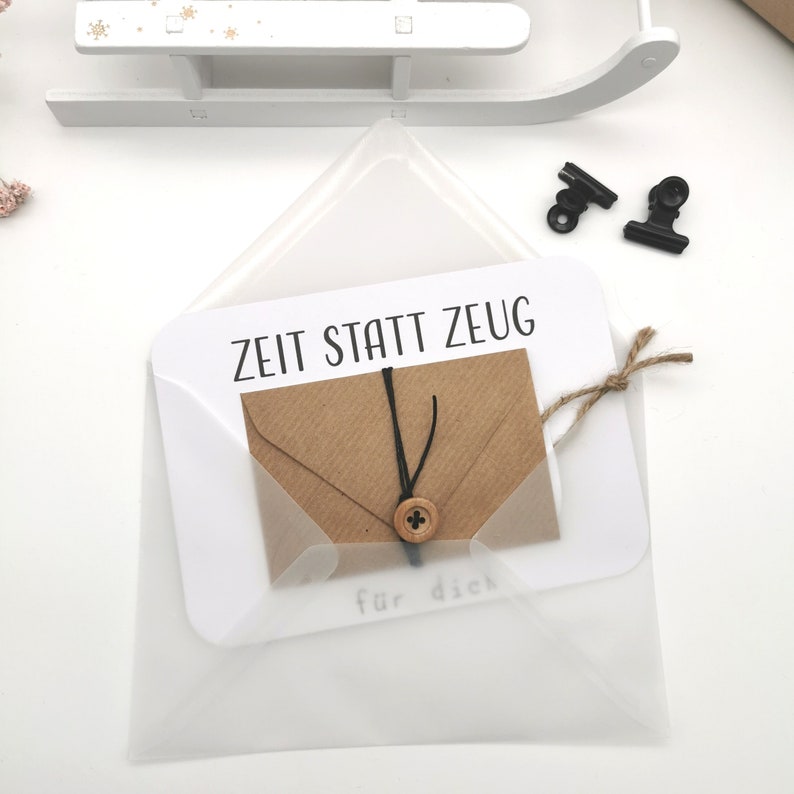 Zeit statt Zeug Postkarte mit Mini-Kuvert Gutschein zum selbst ausfüllen individuelle Geschenkidee persönlich handgemacht Bild 5