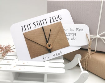 Zeit statt Zeug | Postkarte mit Mini-Kuvert | Gutschein zum selbst ausfüllen | individuelle Geschenkidee | persönlich | handgemacht