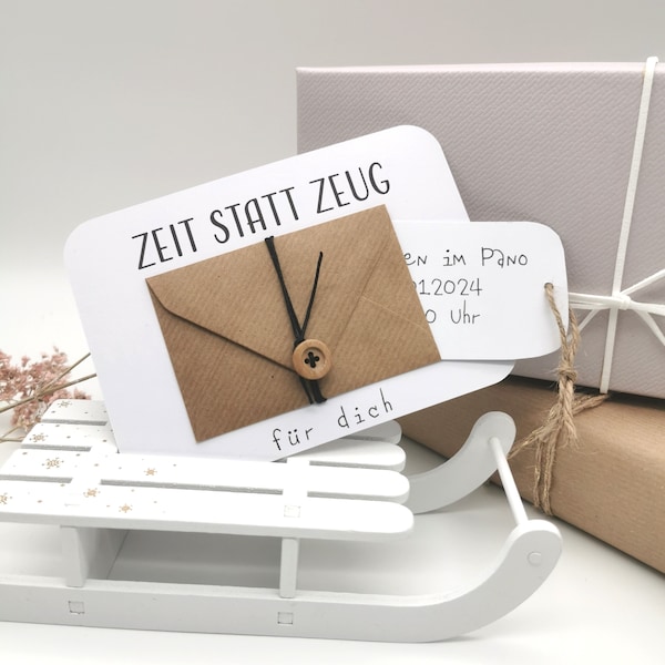 Zeit statt Zeug | Postkarte mit Mini-Kuvert | Gutschein zum selbst ausfüllen | individuelle Geschenkidee | persönlich | handgemacht