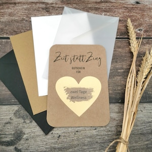 Rubbelkarte | Zeit statt Zeug | Gutschein zum selbst ausfüllen | individuelle Geschenkidee | Postkarte aus Kraftpapier | personalisierbar