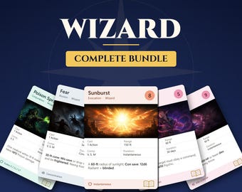 Cartas de hechizos de mago para imprimir (5E) – Paquete completo, niveles 0–9 (204 cartas) | Descarga instantánea en PDF | Compatible con la quinta edición