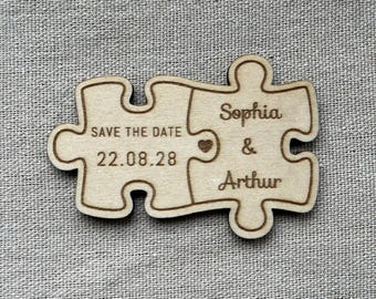 Personalised Wooden Save The Date Jigsaw Magnet, Custom Puzzle Piece Wedding Invitation, Rustic Wedding Announcement