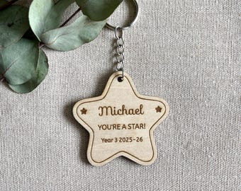 Personalised Wooden Star Keyring, End of Term Gifts, Teacher to Pupil Keepsake, Leavers Gift
