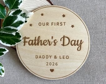Personalised First Father's Day Wooden Plaque, Custom Baby Milestone Disc, Photo Prop