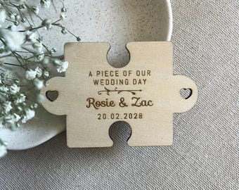 Personalised Wooden Wedding Favour Magnet, Custom Puzzle Piece Guest Keepsake, Rustic Thank You Gift