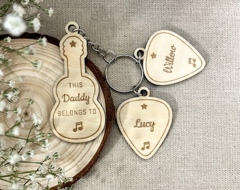 Personalised Wooden Guitar Keyring, 'This Daddy Belongs To' Custom Father's Day Gift