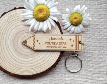Personalised Wooden Pencil Keyring, End of Term Gifts, Teacher to Pupil Keepsake, Leavers Gift