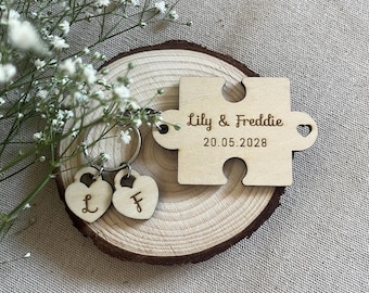 Personalised Wooden Jigsaw Keyring, Custom Puzzle Piece Keepsake, Rustic Wedding Anniversary Gift
