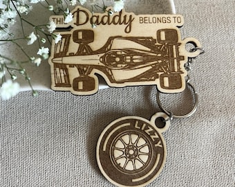 Personalised F1 Inspired Wooden Racing Car Keyring, 'This Daddy Belongs' Custom Father's Day Gift