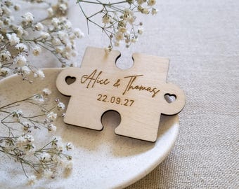Personalised Wooden Save The Date Magnet — Jigsaw Puzzle Piece, Custom Wedding Invitation, Rustic Wedding Announcement