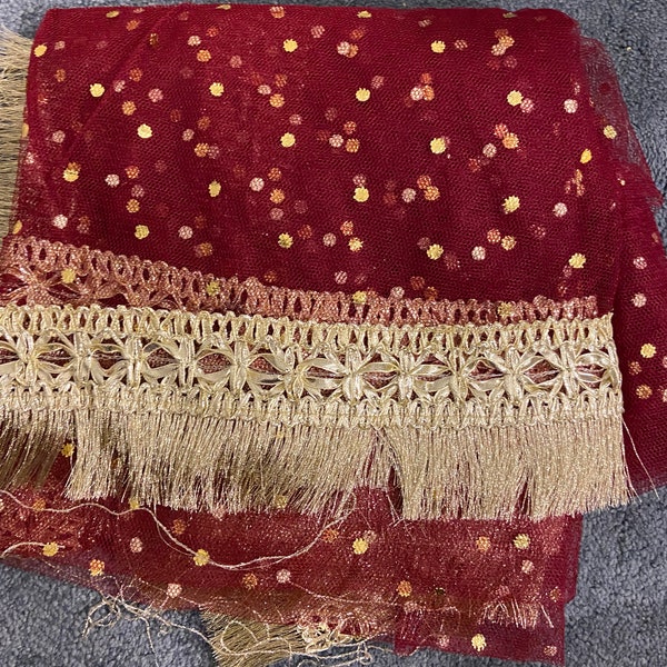 Double Gota Rukhsati net Dupatta Mahroon Scarf, Nikkah Brida Dulhan Shadi Pakistani Indian Wedding Veil Nikkah Mubarak